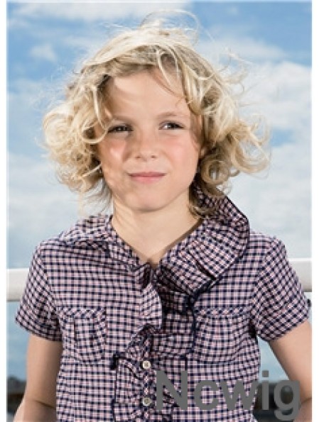 Curly Chin Length Blonde Synthetic 100% Hand-tied Kids Wigs