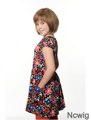 Straight Chin Length Brown Remy Human Hair 100% Hand-tied Kids Wigs