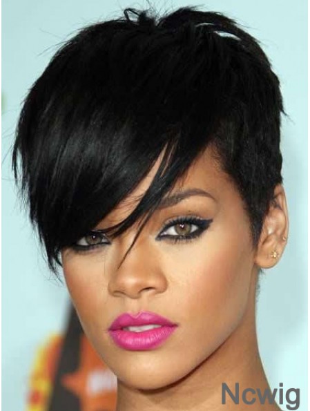Rihanna Style Glueless Lace Wigs With Bangs Black Color
