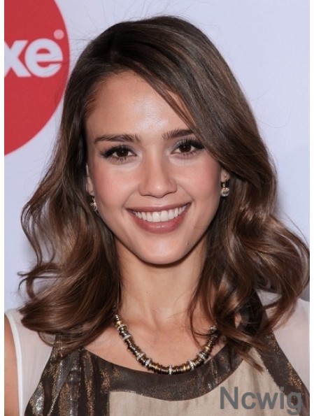 Wavy 100% Hand-tied Layered Shoulder Length Brown Stylish Jessica Alba Wigs