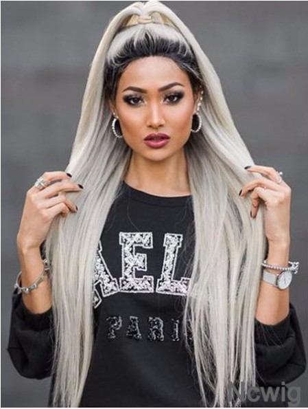 38 inch Lace Front Long Synthetic Grey Without Bangs Wigs