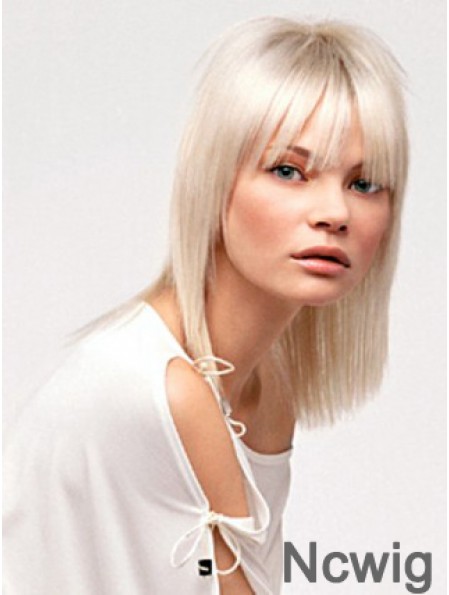 Lace Front With Bangs Shoulder Length Straight 14 inch Platinum Blonde No-Fuss Fashion Wigs