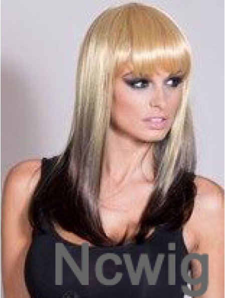 Affordable Ombre/2 Tone Long Straight With Bangs 20 inch Human Lace Wigs