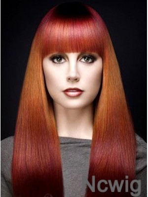 Popular Ombre/2 Tone Long Straight With Bangs 18 inch Human Lace Wigs