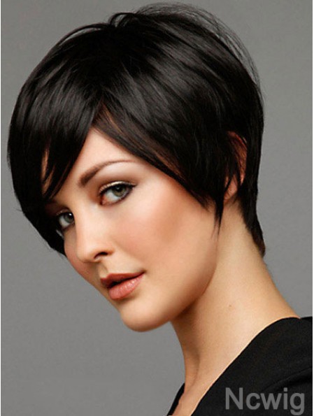 Black Straight Style Short Length Human Hair Wigs For Cancer
