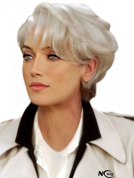 Grey Short Remy Human Hair Capless Wavy Wigs for Lady 8 Inch